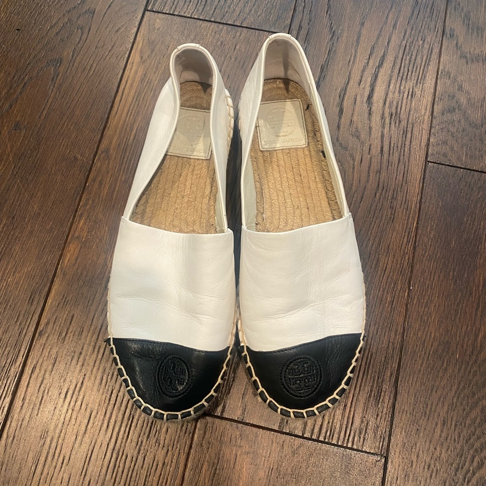 Tory Burch color block espadrille flats.